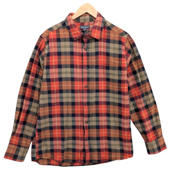 Eddie Bauer Flannel Shirt Mens Orange Blue Plaid Long Sleeve Button Up Size M - Picture 1 of 10